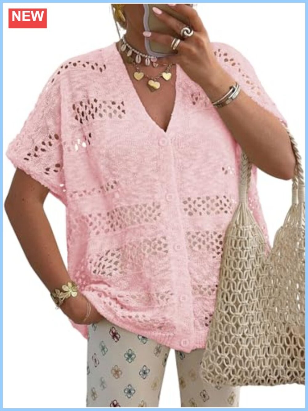Crochet Cardigan Short Sleeve Knit Open Front Dolman Sleeve V-Neck Sweater